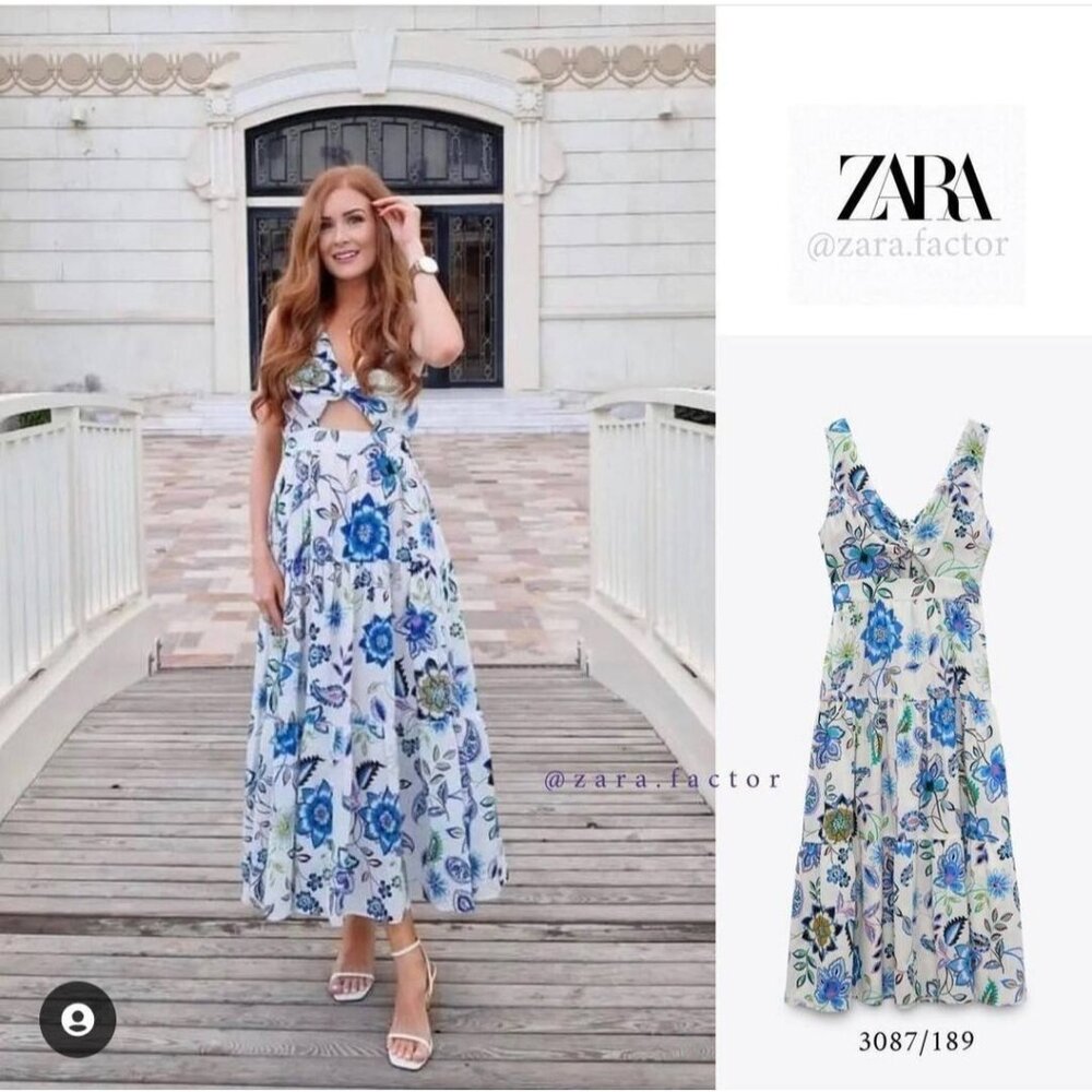 NWT ZARA WHITE BLUE COTTON FLORAL FLORALD DRESS WITH KNOT SIZE XL